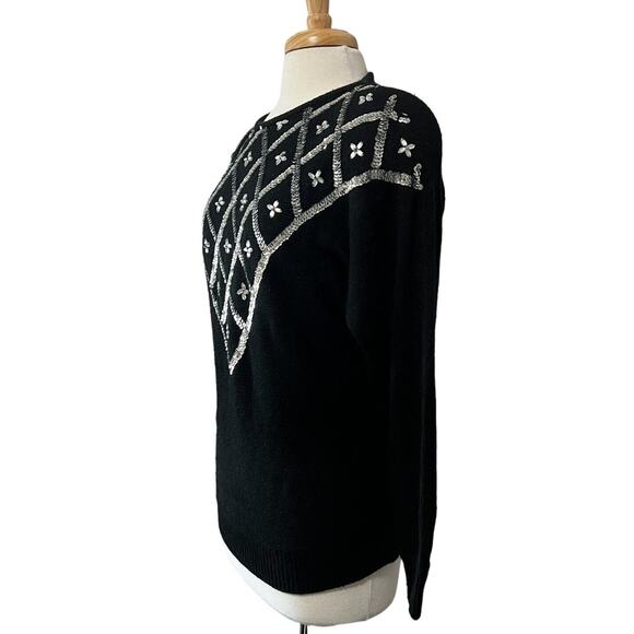 Vintage 80s 90s Samantha Starr Black Silver Sequin Silk Angora Sweater Women's L - Picture 5 of 8
